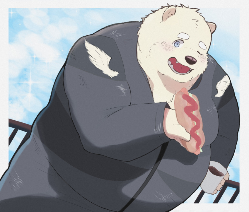 2021 anthro belly beverage black_nose blush clothing coffee en_1_9 food fur hi_res hot_dog humanoid_hands kemono male mammal one_eye_closed outside overweight overweight_male shirt solo topwear ursid white_body white_fur