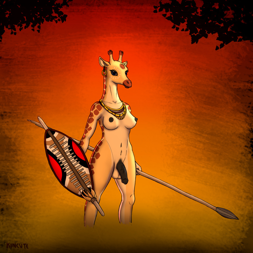 1:1 africa balls black_nipples black_penis breasts genitals giraffe giraffid gynomorph hi_res horn intersex jewelry kincute mammal melee_weapon mwamini nipples nude ossicone penis polearm princess royalty shield solo spear sunny tribal warrior weapon