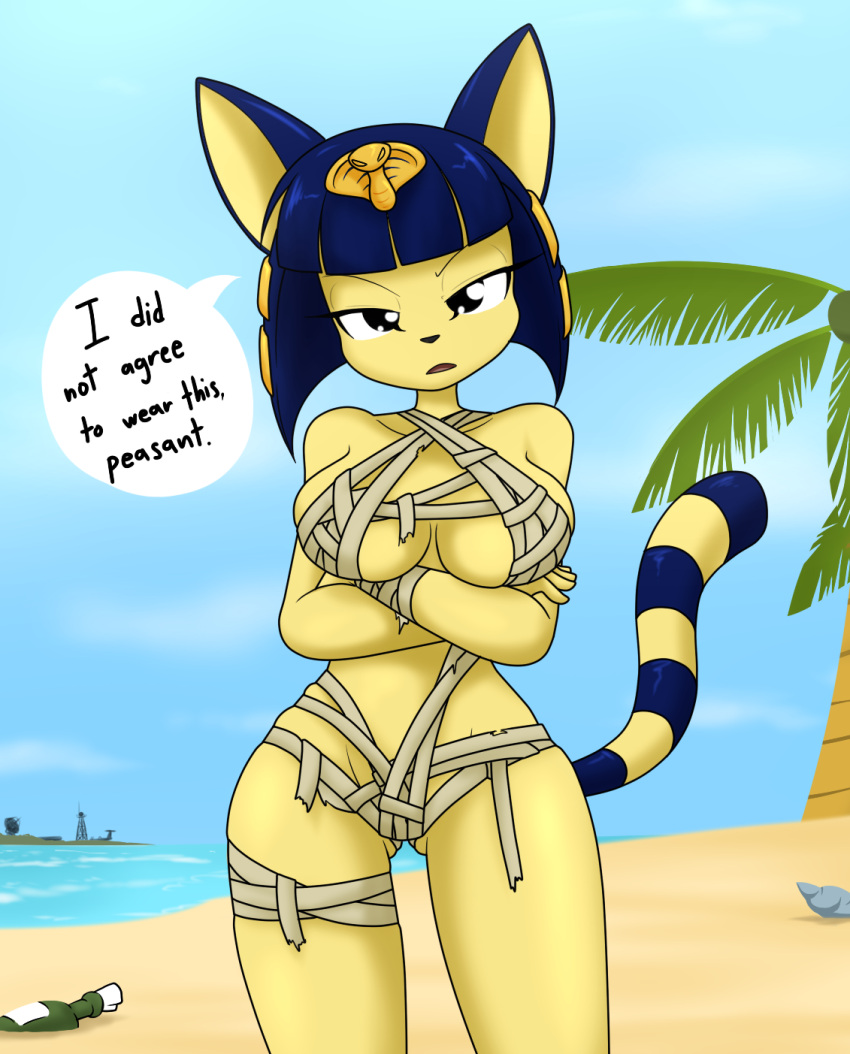 2020 animal_crossing ankha_(animal_crossing) anthro beach big_breasts blue_hair breasts chest_wraps cleavage clothed clothing crossed_arms curvy_figure detailed_background dialogue digital_media_(artwork) domestic_cat egyptian english_text eyelashes felid feline felis female fingers fur hair hi_res huge_breasts looking_at_viewer mammal message_in_a_bottle nintendo sandwich-anomaly sea seaside simple_eyes solo standing talking_to_viewer text thick_thighs video_games voluptuous water wide_hips wraps yellow_body yellow_fur