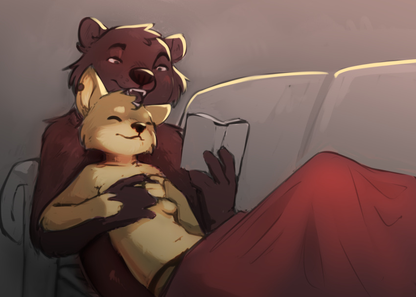 2020 alternate_version_at_source anthro anthro_on_anthro bed breasts brown_body brown_fur canid canine canis cheek_tuft conditional_dnp digital_media_(artwork) domestic_dog duo elijah-draws eyes_closed facial_tuft female fur furniture head_tuft hi_res light lighting male male/female mammal on_bed open_mouth open_smile reclining shaded shiba_inu smile sofa sophie_(elijah-draws) spitz tuft under_covers ursid