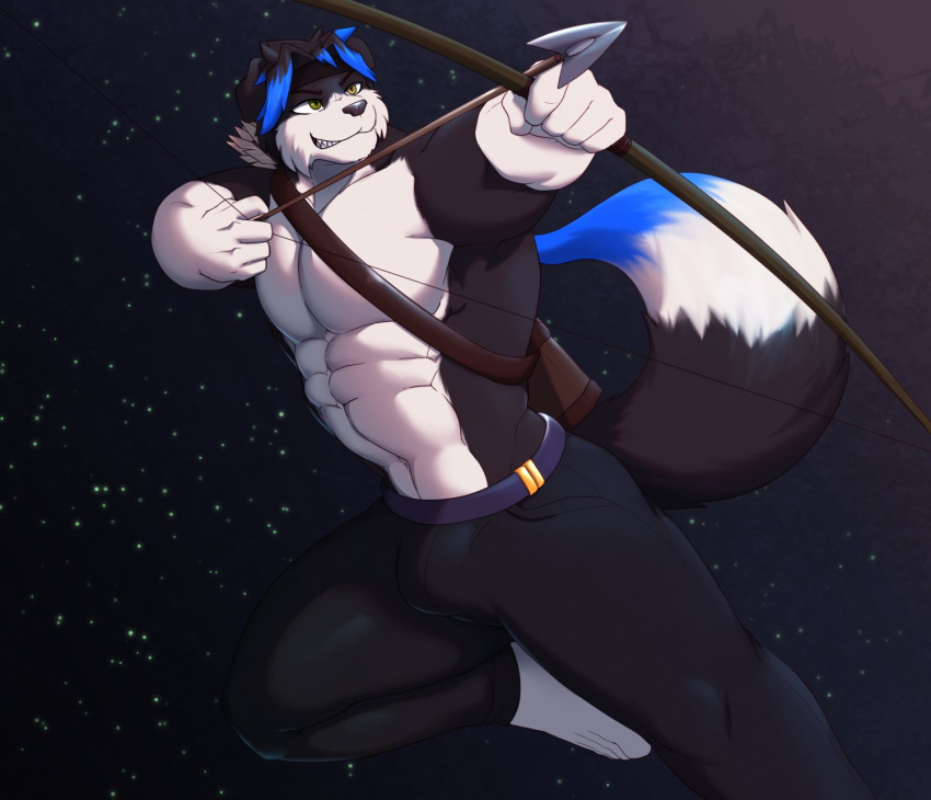 2021 anthro arrow black_body black_bottomwear black_clothing black_fur black_pants blue_body blue_fur border_collie bottomwear bow_(weapon) canid canine canis clothed clothing collie croiyan domestic_dog fur herding_dog hi_res male mammal mason_(trivolmckenley) muscular muscular_anthro muscular_male pants pastoral_dog quiver ranged_weapon sheepdog topless topless_anthro topless_male weapon white_body white_fur