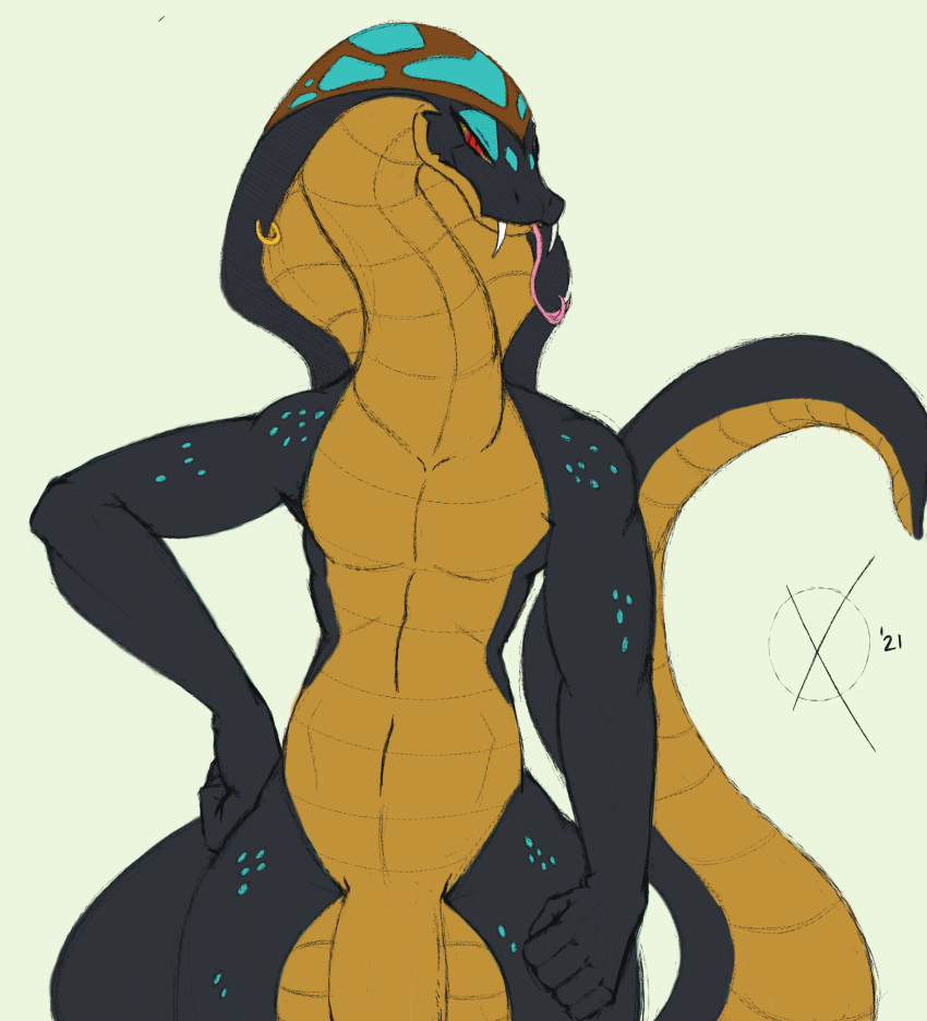2021 anthro balls bedroom_eyes black_body cobra countershading ear_piercing fangs fist forked_tongue genitals glowing glowing_body glowing_scales half-closed_eyes hand_on_hip hi_res humanoid_genitalia humanoid_penis long_neck long_tail male narrowed_eyes omegax penis piercing pupils red_eyes reptile scales scalie seductive signature simple_background slit_pupils snake snake_hood solo tongue tsar_(omegax) yellow_sclera