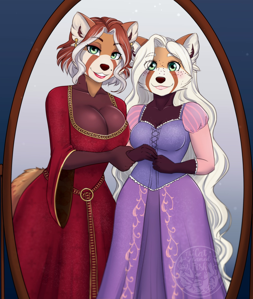 2021 absurd_res ailurid anthro breasts brown_hair clothed clothing digital_media_(artwork) duo ear_piercing female green_eyes hair hi_res mammal piercing rapunzel_(disney) red_panda smile tammy_(thecatnamedfish) tangled_(disney) thecatnamedfish white_hair