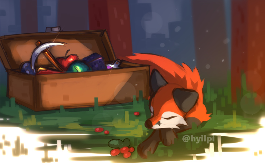 2021 ambiguous_gender apple artist_name canid canine crossed_arms feral forest forest_background fox fox_(minecraft) fur hi_res hyilpi leg_markings mammal markings microsoft minecraft mojang nature nature_background orange_body orange_fur outside pickaxe plant potion red_fox sleeping socks_(marking) solo tree video_games xbox_game_studios