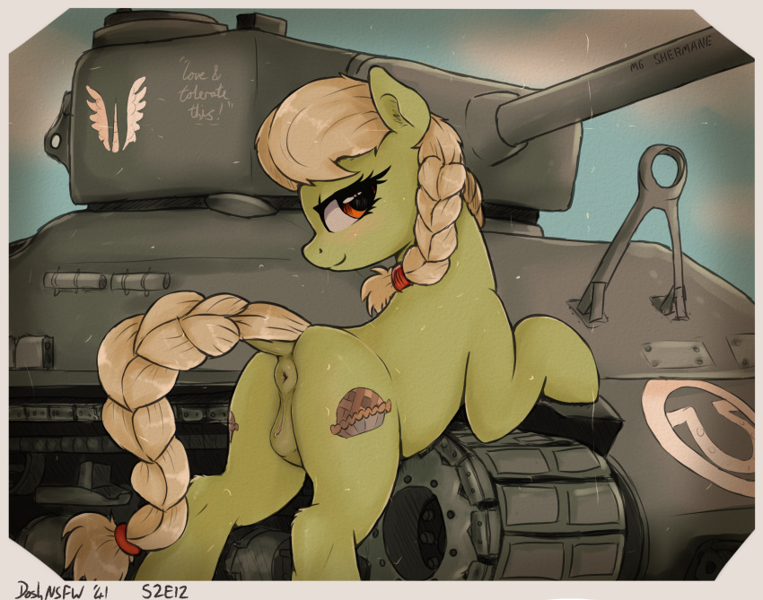 2021 animal_genitalia animal_pussy anus assault_rifle butt cutie_mark digital_media_(artwork) dock dosh earth_pony english_text equid equine equine_pussy eyelashes female feral friendship_is_magic genitals granny_smith_(mlp) gun hasbro hi_res horse looking_at_viewer m4 m4_sherman mammal my_little_pony pony pussy ranged_weapon rifle sherman_(tank) smile solo tank text vehicle weapon