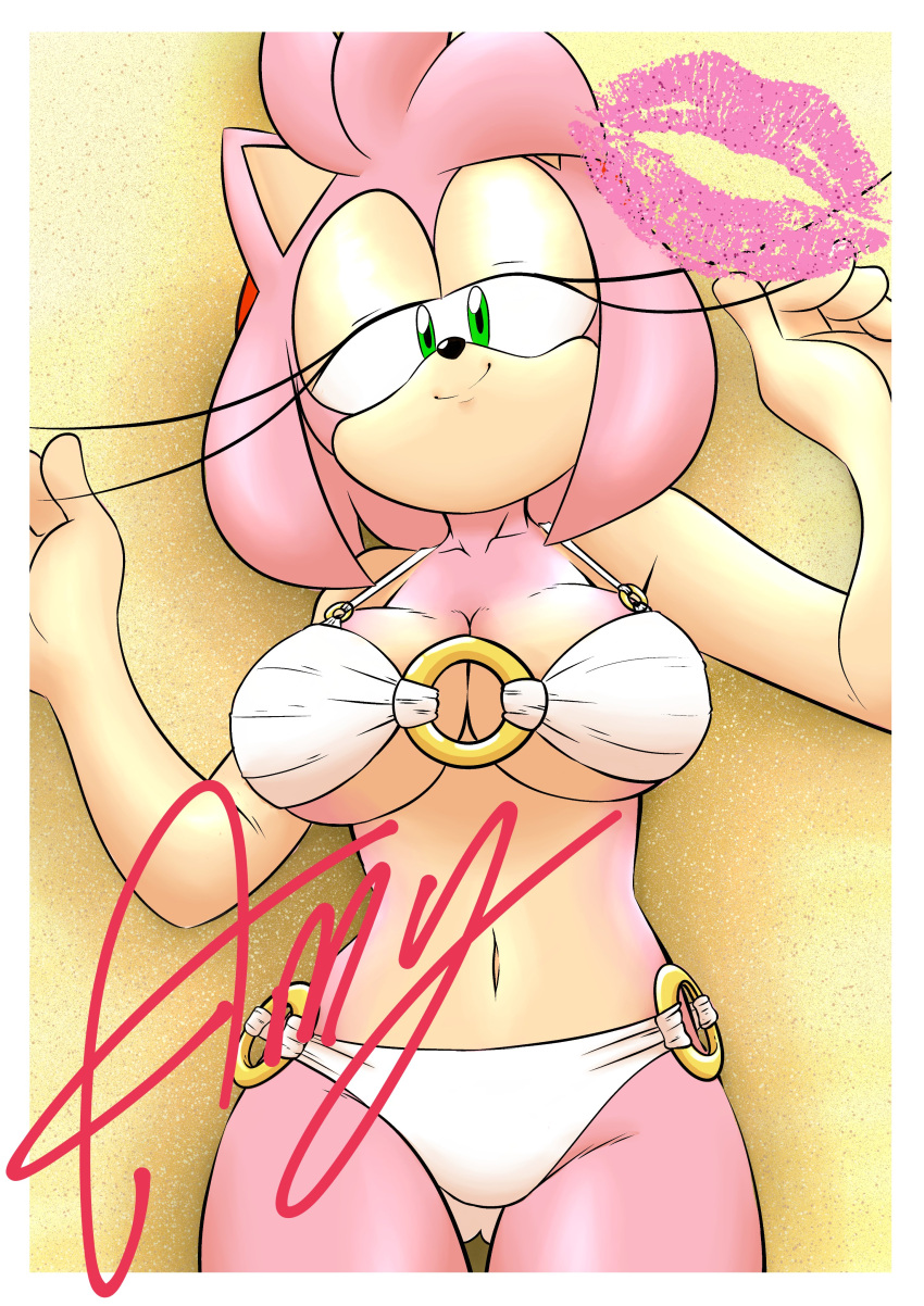 absurd_res amy_rose anthro bikini clothing eulipotyphlan eyelashes female fullmetalsketch green_eyes hedgehog hi_res kiss_mark mammal sega solo sonic_the_hedgehog_(series) swimwear