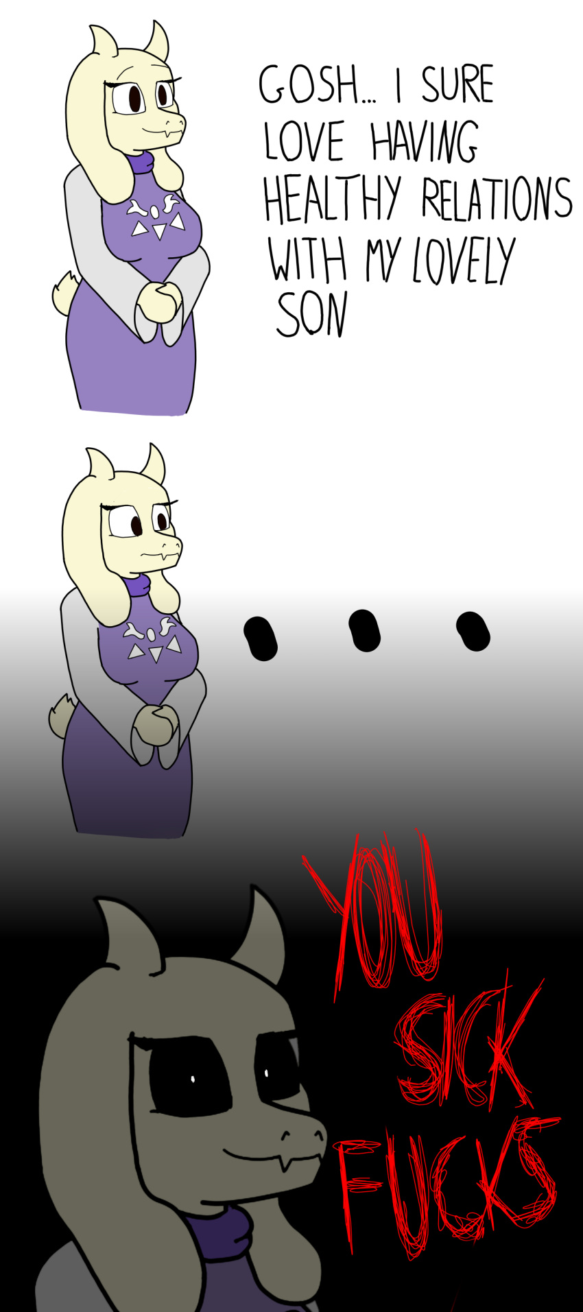 absurd_res angry anthro boss_monster bovid caprine clothed clothing comic confusion delta_rune_(emblem) deltarune english_text female happy hi_res humor joke mammal meme sad solo standing symbol text the0blank0slate toriel undertale undertale_(series) video_games