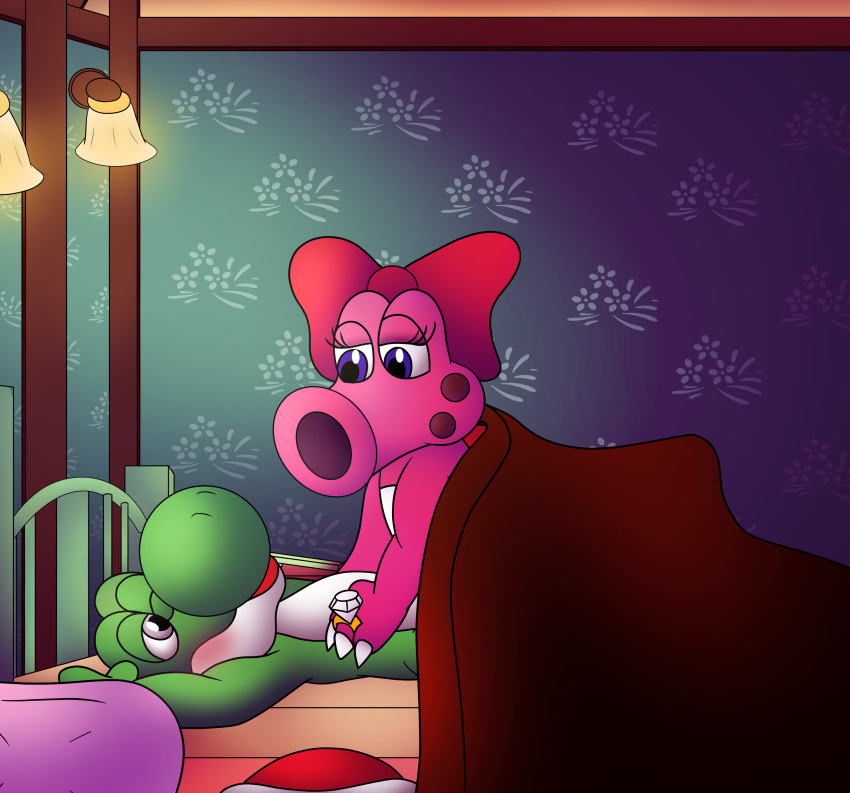 absurd_res ambiguous/ambiguous ambiguous_gender ambiguous_on_bottom ambiguous_on_top anthro bed bed_sheet bedding bedroom bedroom_eyes birdo blush clothed clothing detailed_background duo furniture green_yoshi hand_on_chest hi_res inside lying mario_bros narrowed_eyes nintendo on_back on_bed on_bottom on_top partially_clothed pillow reptile romantic romantic_couple scalie seductive side_view suggestive umbry00 under_covers video_games yoshi yoshi_(character)