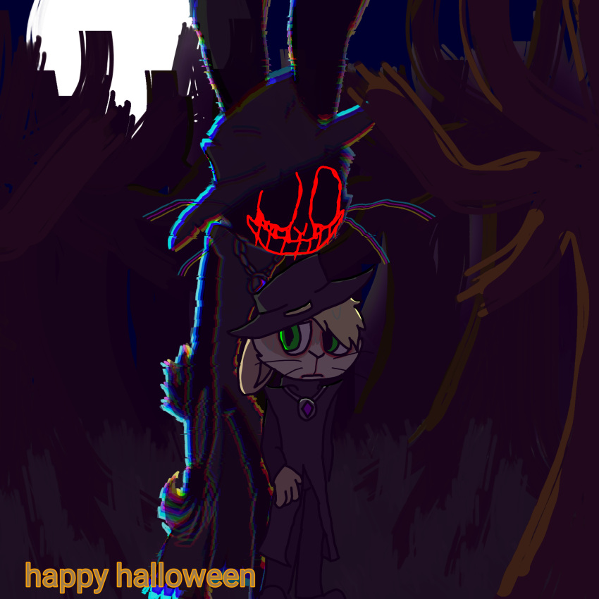 1:1 ambiguous_gender anthro blank_stare blonde_hair clothing costume darlan_bunnit(character) darli_buni demon duo empty_eyes english_text forest forest_background fur glowing glowing_eyes glowing_teeth green_eyes hair halloween hare headgear headwear hi_res holiday_message holidays jewelry lagomorph leporid looking_away looking_worried male mammal multicolored_body multicolored_fur nature nature_background plant rabbit red_eyes scut_tail shadow short_tail size_difference slim tall tall_ears teeth text the_whistler_(darli_buni) tree whiskers