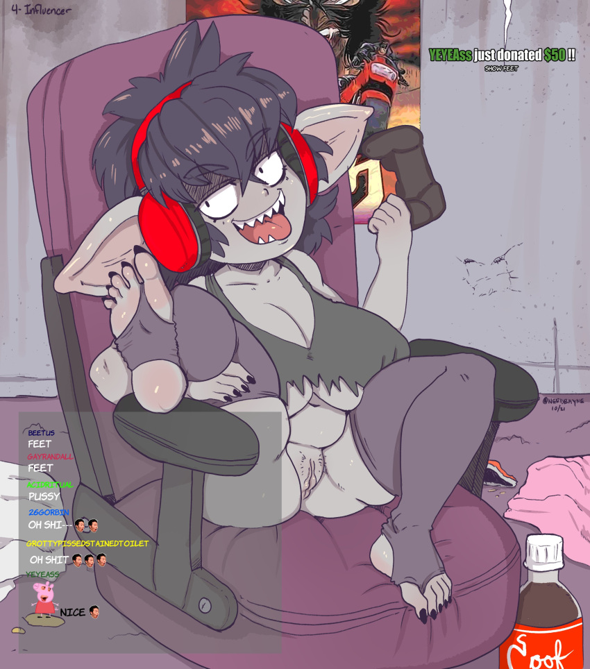 2021 5_fingers absurd_res beverage big_breasts black_hair bottle breasts chair claws clothing colored_nails controller digital_media_(artwork) domestic_pig english_text feet female fingers food furniture game_controller gaming genitals goblin grey_body grey_skin hair hand_on_leg headgear headphones hi_res holding_object humanoid humanoid_pointy_ears inside legwear livestream looking_at_viewer mammal meme messy_hair nails navel nerdbayne not_furry open_mouth peppa_pig peppa_pig_(character) pogchamp poster pubes pussy rachel_(nerdbayne) sharp_teeth short_stack signature simple_background sitting slightly_chubby smile soda soda_bottle soles solo spread_legs spreading stirrup_stockings stockings suid suina sus_(pig) teeth text toe_claws toes tongue tongue_out topwear torn_clothing video_games
