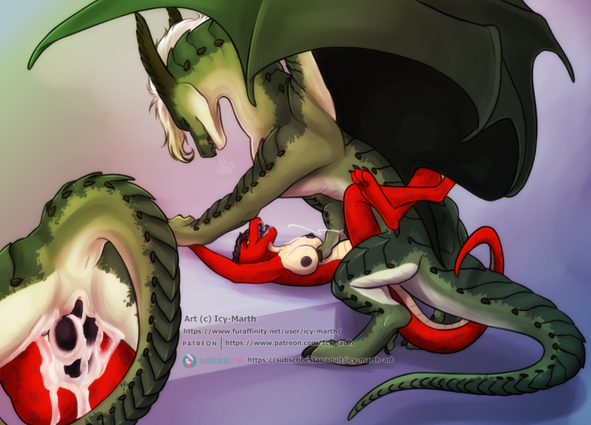 ambiguous_penetration anthro anthro_on_feral anthro_penetrated bestiality bodily_fluids breasts claws cum cum_inside dominant dominant_feral dragon female female_penetrated feral feral_penetrating feral_penetrating_anthro from_front_position genital_fluids genitals green_body green_scales horn icy-marth leg_wrap lying male male/female male_penetrating male_penetrating_female mating_press messy missionary_position on_back penetration penis pussy red_body reptile same-species_bestiality scales scalie sex size_difference text url vynn_(icy-marth) western_dragon wings
