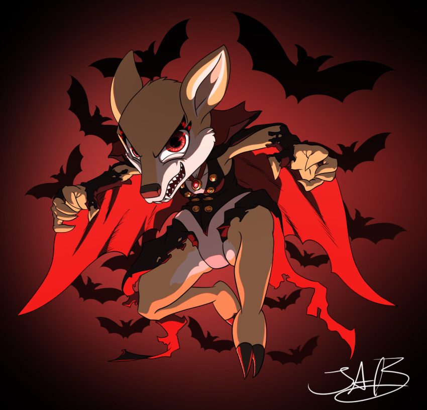 anthro cape cervid clothing fangs female halloween halloween_costume hi_res holidays isa_sturmi mammal red_eyes silven solo toony turkojar vampire