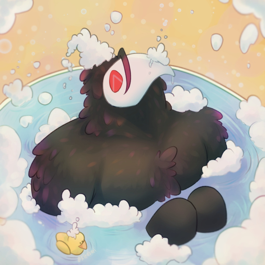 1:1 absurd_res avian bathing bathtub black_body black_feathers bubble bubble_bath darkner deltarune feathers happy hi_res kirabari male rubber_duck solo swatchling undertale_(series) video_games