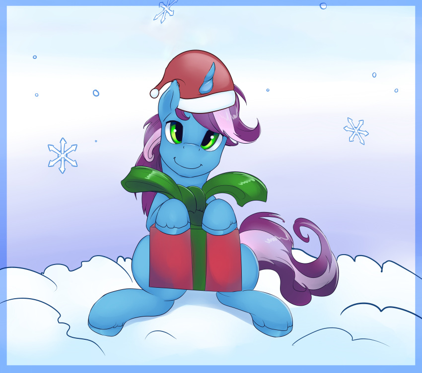 absurd_res blue_body christmas christmas_clothing christmas_headwear clothing equid equine fan_character gift green_eyes gyro_tech hasbro hat headgear headwear hi_res holidays hooves horn male mammal mane my_little_pony pink_body quadruped ribbons santa_hat snow snowflake solo unicorn unicorn_horn viwrastupr