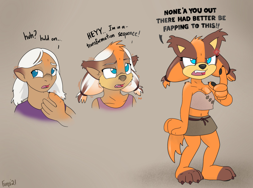 absurd_res anthro badger blue_eyes breaking_the_fourth_wall brown_body brown_fur clothed clothing dialogue english_text female foxx fur gesture hair hi_res human human_to_anthro mammal mustelid musteline orange_body orange_fur pointing pointing_at_viewer sega solo sonic_boom sonic_the_hedgehog_(series) species_transformation sticks_the_jungle_badger talking_to_viewer text tf_into_fictional_character transformation transformation_sequence white_hair