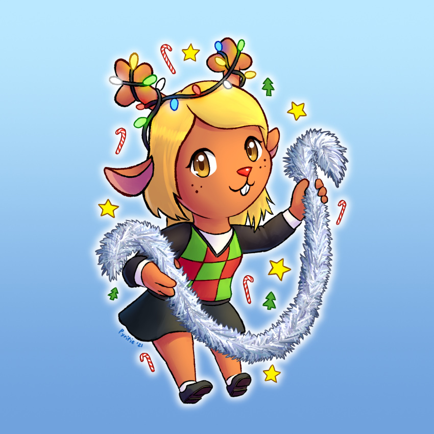 1:1 2021 anthro blonde_hair bottomwear candy candy_cane capreoline cervid christmas christmas_lights clothing deltarune dessert digital_media_(artwork) female food footwear hair hi_res holidays mammal noelle_holiday plant pyritie red_nose reindeer shoes simple_background skirt socks solo star sweater tinsel topwear tree undertale_(series) video_games