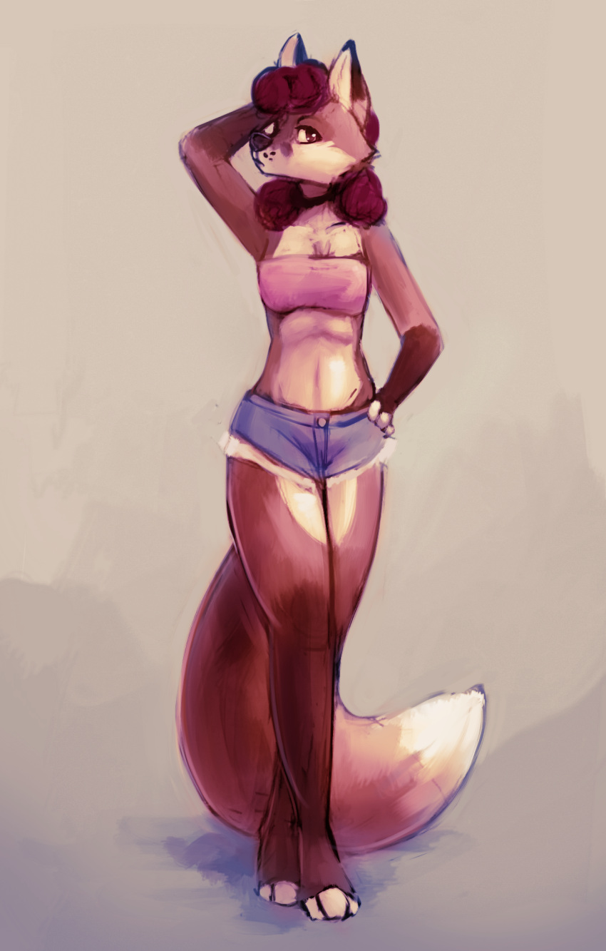 2018 3_toes anthro bandeau barefoot bottomwear brown_body brown_fur canid canine clothing conditional_dnp digital_media_(artwork) elijah-draws feet female fox full-length_portrait fur hi_res light lighting looking_at_viewer mammal midriff portrait shaded shorts solo standing toes topwear