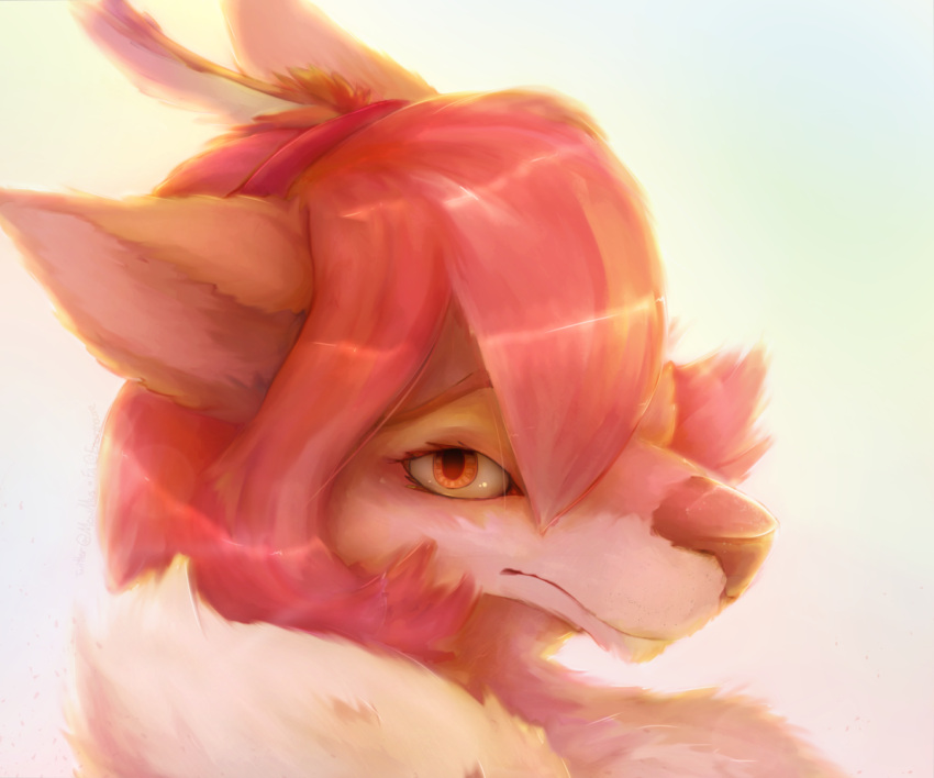 2019 6:5 accessory amber_eyes anthro black_nose brown_body brown_fur canid changeling_tale female fur hair hair_accessory hairband headshot_portrait jessie_(changeling_tale) looking_at_viewer mammal mewmus pink_body pink_fur pink_hair portrait simple_background solo white_background