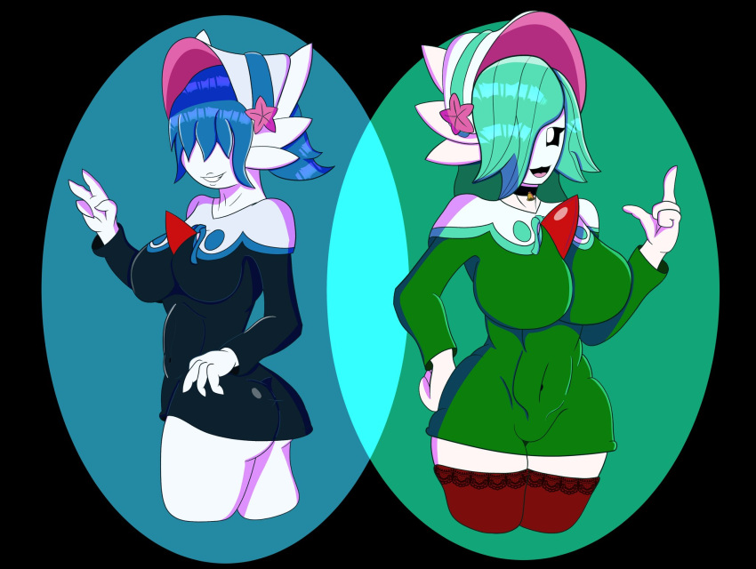 2021 :3 big_breasts black_sclera blue_hair breasts clothing dress duo fashionable_style_gardevoir female gardevoir gesture hair hair_over_eyes hand_on_butt hand_on_hip hat headgear headwear hi_res humanoid julienne_(reapcreates831) legwear mario_bros mask medium_breasts nintendo pok&eacute;mon pok&eacute;mon_(species) pupils reapcreates831 rear_view short_dress short_hair shyguy smile thick_thighs thigh_highs tight_clothing turquoise_hair v_sign video_games white_pupils