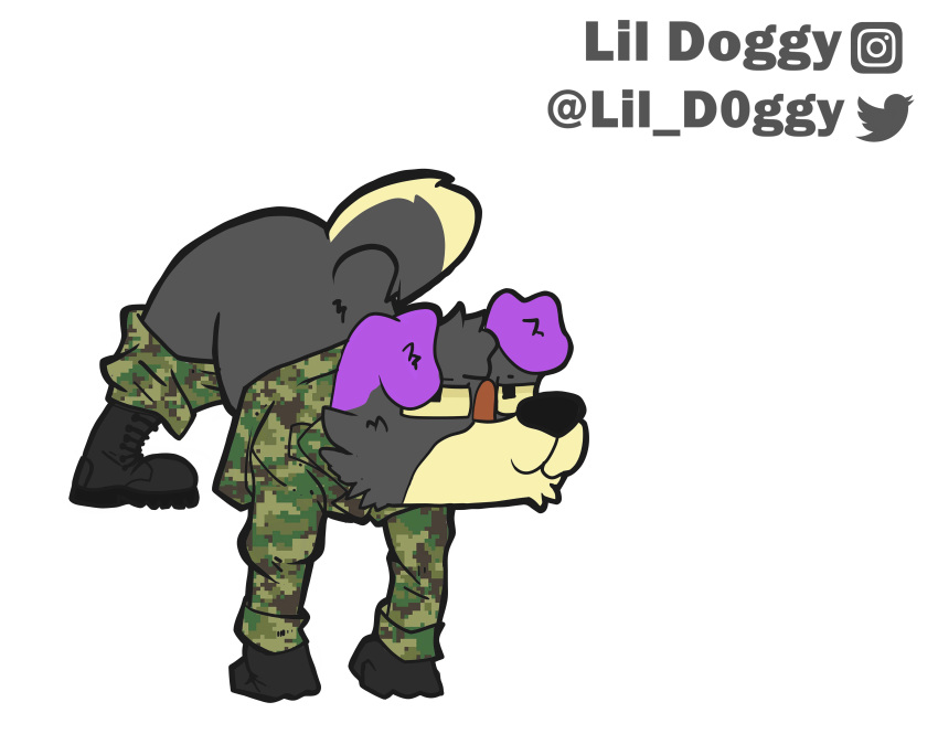 absurd_res ambiguous_gender anthro boots border_collie butt canid canine canis chibi clothed clothing collie combat_boots domestic_dog footwear gloves handwear herding_dog hi_res jack-o'_pose lil_doggy_(artist) mammal military_uniform pants_down partially_clothed pastoral_dog pose purple_ears sheepdog solo uniform