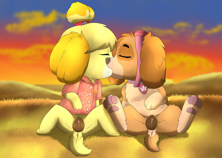 animal_crossing animal_genitalia animal_pussy anthro anus canid canine canine_pussy canis clothed clothing collar conditional_dnp domestic_dog eyes_closed female female/female feral genitals hi_res isabelle_(animal_crossing) kissing mammal nintendo no_pants no_underwear paw_patrol pussy skye_(paw_patrol) spread_legs spreading video_games xxgato
