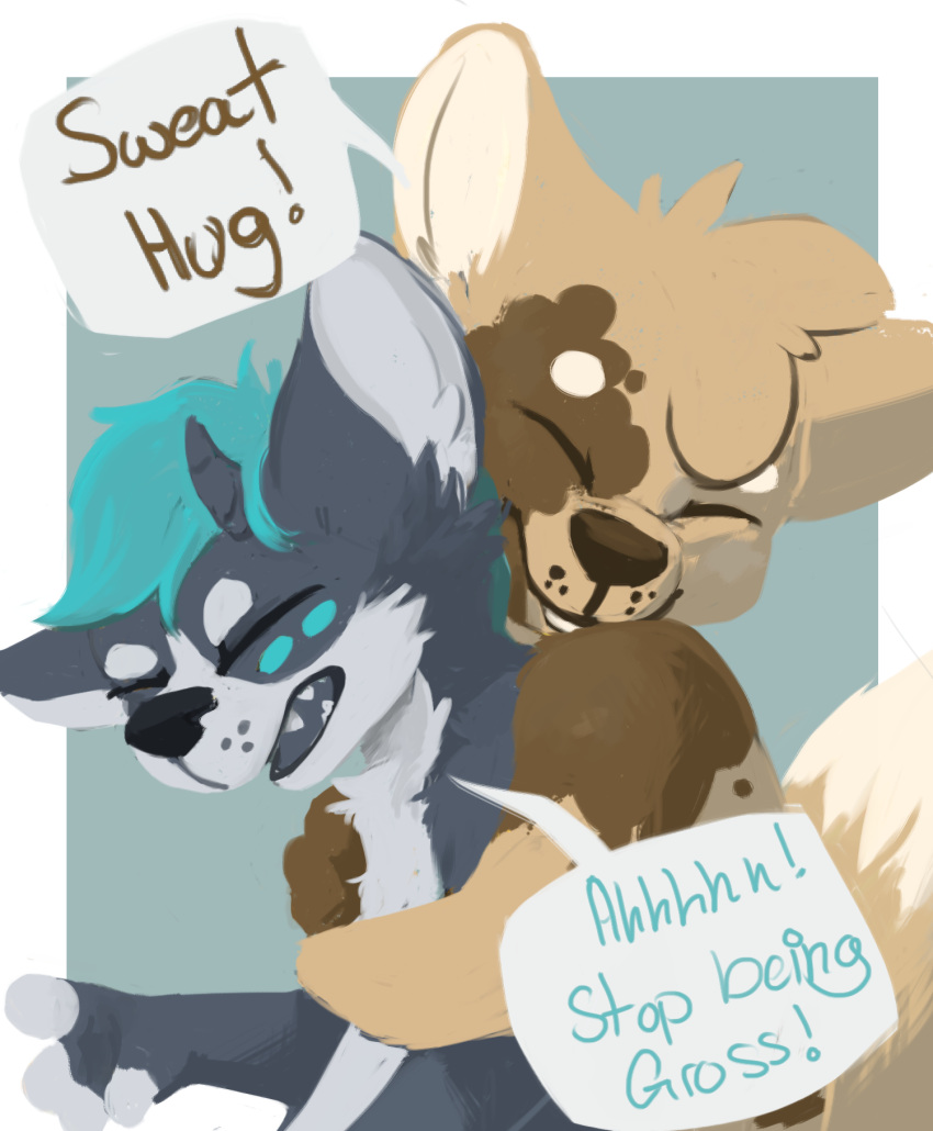 ! 2018 anthro blue_hair brown_body brown_fur canid canine canis conditional_dnp dialogue digital_media_(artwork) domestic_dog duo elijah-draws elliotte_(elijah-draws) embrace english_text eyes_closed fur grey_body grey_fur hair hi_res hug hugging_from_behind male mammal open_mouth smile speech_bubble tan_body tan_fur tan_hair tan_tail teeth text white_body white_fur