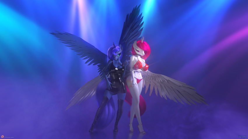 16:9 3d_(artwork) 4k absurd_res anthro big_breasts bikini blue_hair boots breasts cleavage clothed clothing digital_media_(artwork) duo eqamrd equid equine fan_character female female/female footwear friendship_is_magic hair hasbro hi_res high_heels horn horse huge_breasts latex_boots latex_dress legwear mammal my_little_pony navel nipple_outline pink_hair pony princess_celestia_(mlp) princess_luna_(mlp) princess_molestia rubber rubber_boots sibling sister sisters swimwear thigh_boots thigh_highs wide_hips widescreen winged_unicorn wings