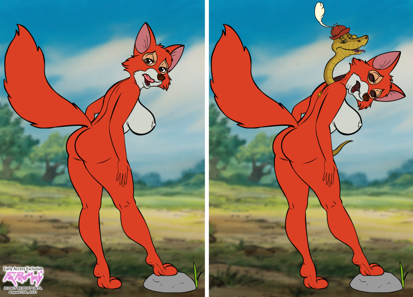 absurd_res anthro canid canine clothing costume detailed_background disney english_text female fox foxpawmcfly fursuit hi_res maid_marian mammal reptile robin_hood_(disney) rock scalie signature sir_hiss snake solo text zipper