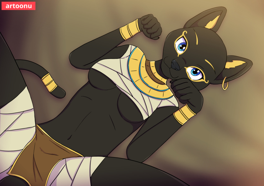 accessory anthro artoonu bald belly blue_eyes breasts clothed clothing dark_body dark_skin domestic_cat ear_piercing ear_ring egyptian egyptian_cat egyptian_clothing felid feline felis female hi_res lying mammal medium_breasts navel on_back piercing solo spread_legs spreading under_boob