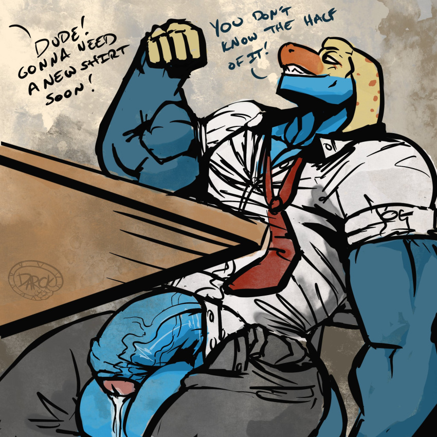 1:1 5_fingers anthro balls balls_expansion biceps big_balls big_biceps big_muscles big_penis blue_balls blue_body blue_penis blue_scales bodily_fluids bottomwear business_attire clothed clothing collared_lizard collared_shirt common_collared_lizard darckhumor deltoids desk dialogue digital_drawing_(artwork) digital_media_(artwork) dripping english_text expansion fingers flaccid flexing flexing_bicep foreskin furniture genital_expansion genital_fluids genital_growth genitals grin growth hi_res huge_balls huge_muscles huge_penis humanoid_genitalia humanoid_penis hyper hyper_balls hyper_genitalia hyper_penis lizard male manly monroe_lehner muscular muscular_anthro muscular_arms muscular_male necktie office open_bottomwear open_clothing open_mouth open_pants open_shirt open_topwear orange_body orange_scales outgrowing_clothes pants partially_retracted_foreskin pecs penis penis_expansion penis_growth precum precum_drip precum_on_penis public public_exposure reptile scales scalie shirt simple_background sitting smile solo teeth teeth_showing text thick_penis topwear unbuttoned_shirt under_table unzipped vein veiny_penis yellow_body yellow_scales