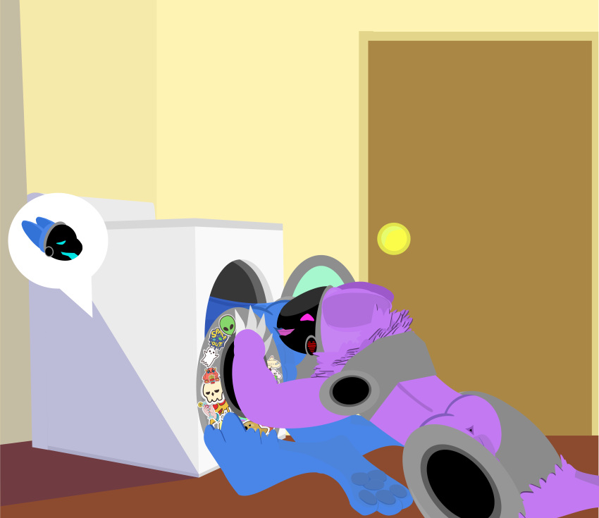 absurd_res anal anthro anus appliance backsack balls bent_over blue_body blue_fur butt digitigrade duo fur genitals hi_res looking_pleasured machine male male/male on oral pawpads presenting presenting_hindquarters protogen purple_body purple_fur rimming sex simple_background sticker stickerboard_(tf2_demo_2004) stuck tf2_demo_2004 washing_machine