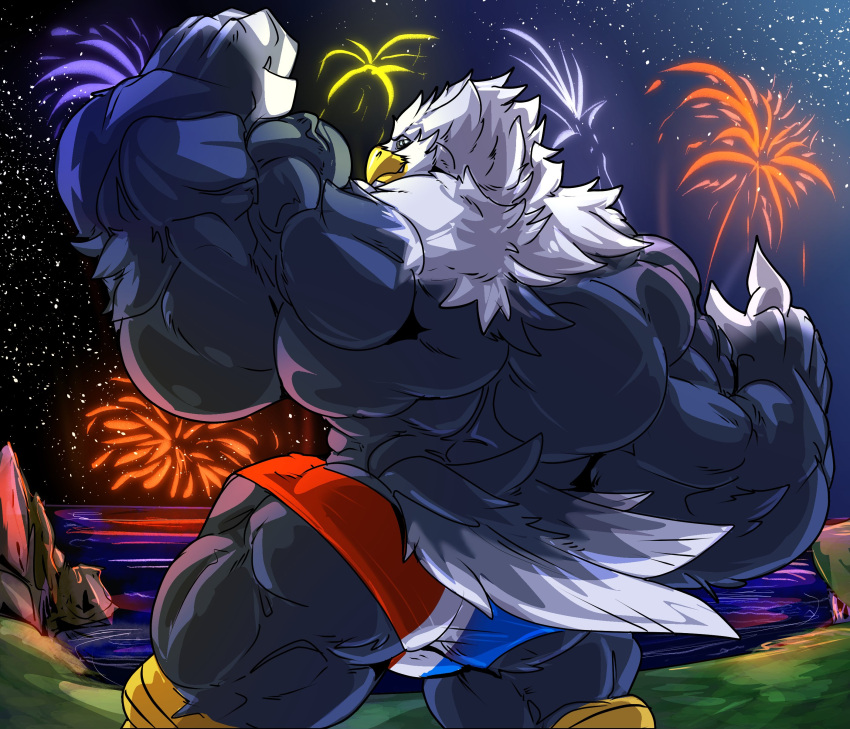 2021 absurd_res accipitrid accipitriform animal_crossing anthro apollo_(animal_crossing) avian bald_eagle big_bulge big_muscles bird bulge cliff clothed clothing eagle fierglief fireworks fist flexing hi_res huge_bulge huge_muscles hyper hyper_muscles looking_at_viewer male muscular night nintendo rear_view sea sea_eagle sky smile solo standing star starry_sky underwear underwear_only video_games water