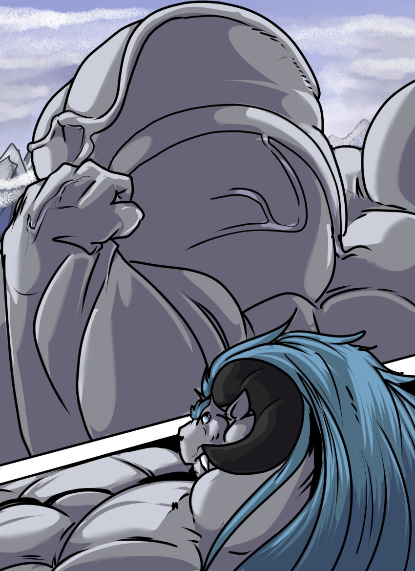 2021 anthro big_muscles blue_hair curved_horn day dragon fangs fierglief fist flexing hair hi_res horn huge_muscles hyper hyper_muscles long_hair looking_at_viewer male mountain muscular scalie sky solo terantic veiny_muscles western_dragon white_body