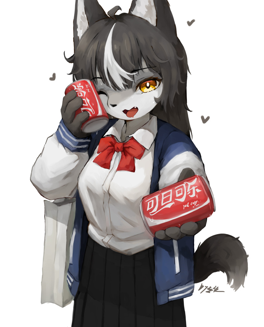 &lt;3 2021 4_fingers absurd_res ahoge amber_eyes anthro beverage beverage_can black_body black_fur black_hair black_nose bottomwear breasts canid canine canis chinese_text clothed clothing coca-cola collared_shirt cute_fangs eyelashes female fingers fur grey_body grey_fur grey_hair hair hi_res holding_beverage holding_object jacket kemono long_hair looking_at_viewer mammal multicolored_body multicolored_fur multicolored_hair offering_to_viewer one_eye_closed open_mouth portrait school_uniform shirt signature simple_background skirt solo text three-quarter_portrait tongue topwear translated two_tone_body two_tone_fur uniform white_background white_body white_fur white_hair wolf xiao_lijun