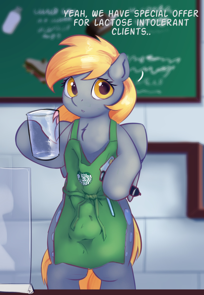 absurd_res apron apron_only balls_outline bulge clothing derpy_hooves_(mlp) drafthoof english_text feral friendship_is_magic genital_outline green_apron gynomorph hasbro hi_res i_mean_breast_milk intersex meme mostly_nude my_little_pony penis_outline public solo starbucks text