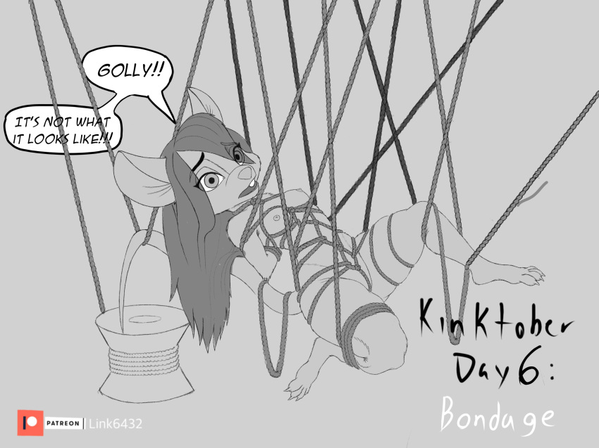 2021 anthro bdsm bondage bound breasts chip_'n_dale_rescue_rangers disney female gadget_(character) gadget_hackwrench genitals hi_res kinktober link6432 mammal nipples nude open_mouth pussy restraints rodent rope rope_bondage simple_background solo text