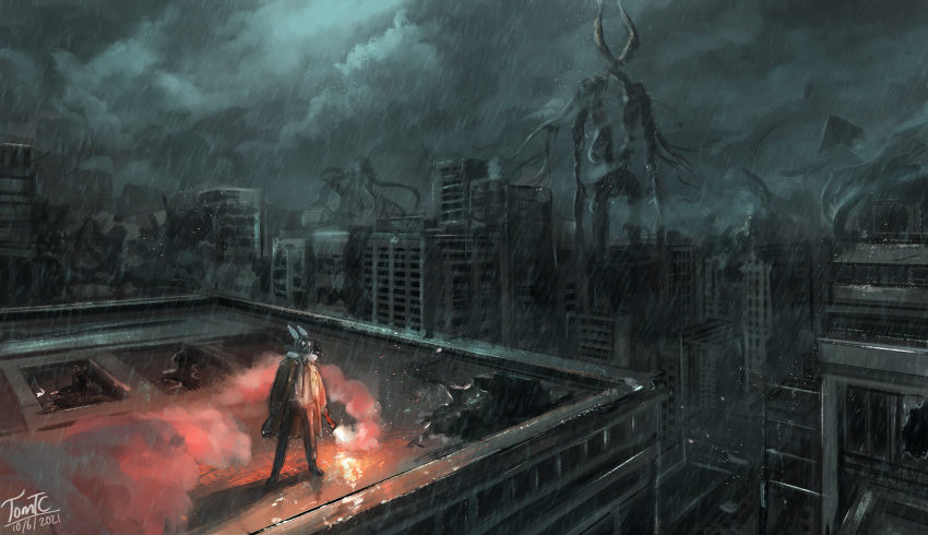 2021 anthro biped city cityscape clothed clothing dated dr_rabbit_(tomtc) flare_(object) flashlight fur hi_res lagomorph leporid mammal mask monster outside rabbit raining rooftop sky solo standing tomtc white_body white_fur