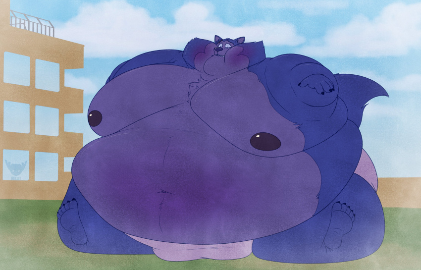absurd_res anthro basicbiscuit beastars belly big_belly blueberry_inflation building canid canine canis chest_tuft chubby_cheeks clothing feet fur hi_res hyper hyper_belly immobile inflation legoshi_(beastars) male mammal moobs morbidly_obese morbidly_obese_anthro morbidly_obese_male navel nipples obese obese_anthro obese_male overweight overweight_anthro overweight_male solo thick_thighs tuft underwear wolf