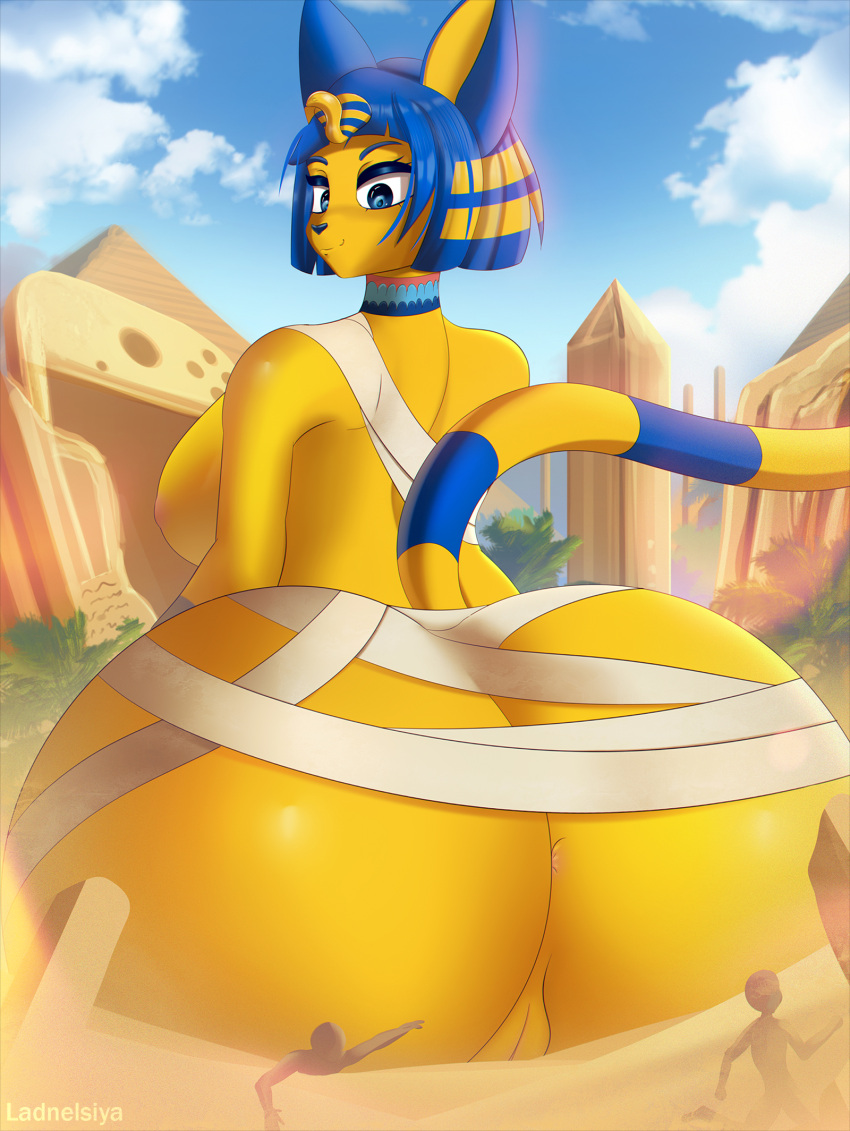 2021 animal_crossing ankha_(animal_crossing) anthro bandage big_butt blue_hair breasts butt domestic_cat felid feline felis female genitals hair hi_res huge_butt ladnelsiya larger_female macro mammal micro mostly_nude nintendo pussy size_difference solo video_games yellow_body