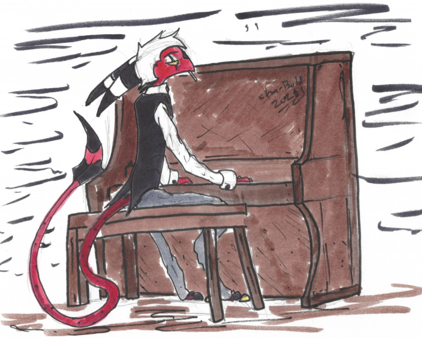 biped charbold clothed clothing demon fan_character hair helluva_boss horn humanoid imp keyboard_instrument looking_away male mercenary musical_instrument musician piano playing_music simple_background sitting solo spikes topwear vest white_hair