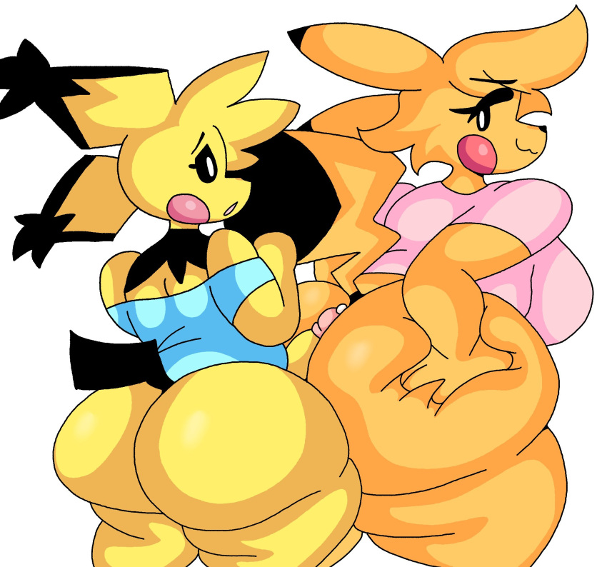 anthro anthro_on_anthro anthrofied big_butt bottomless breasts butt clothed clothing female genitals hi_res hot_dogging huge_butt lewd_dorky male male/female nintendo penis pichu pikachu pok&eacute;mon pok&eacute;mon_(species) pok&eacute;morph simple_background video_games white_background