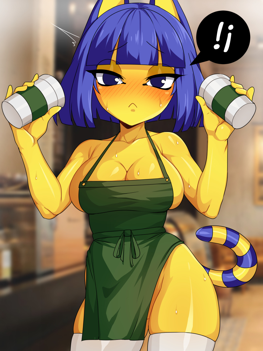 2021 3:4 absurd_res animal_crossing ankha_(animal_crossing) anthro apron arilopez550 blue_eyes blue_hair bodily_fluids breasts cleavage clothed clothing coffee_cup container cup domestic_cat felid feline felis female frown green_apron hair hi_res i_mean_breast_milk legwear looking_at_viewer mammal markings meme nintendo portrait solo standing striped_markings striped_tail stripes sweat tail_markings thigh_highs three-quarter_portrait video_games yellow_body