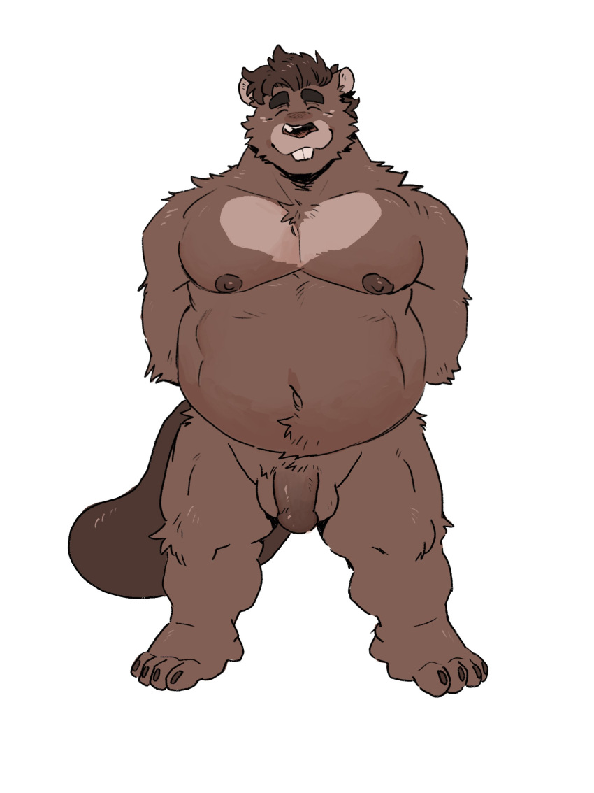 2021 absurd_res anthro bearwivme beaver belly biped brown_body brown_nose eyes_closed hi_res male mammal moobs navel nipples overweight overweight_male rodent simple_background solo white_background