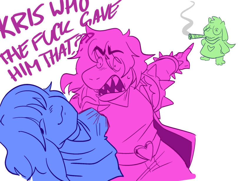 2021 almguav ambiguous_gender anthro armband blue_body bottomwear bovid bracelet caprine clothing deltarune dialogue drugs english_text female gesture goat green_body group hair hi_res human humor jewelry kris_(deltarune) male mammal marijuana meme pants pink_body pointing pointing_at_another ralsei ralsei_smoking_blunt robe scalie scarf sharp_teeth shirt simple_background sleeveless_jacket smoking smoking_weed smug spiked_armband spiked_bracelet spikes susie_(deltarune) teeth text topwear trio undertale_(series) video_games white_background