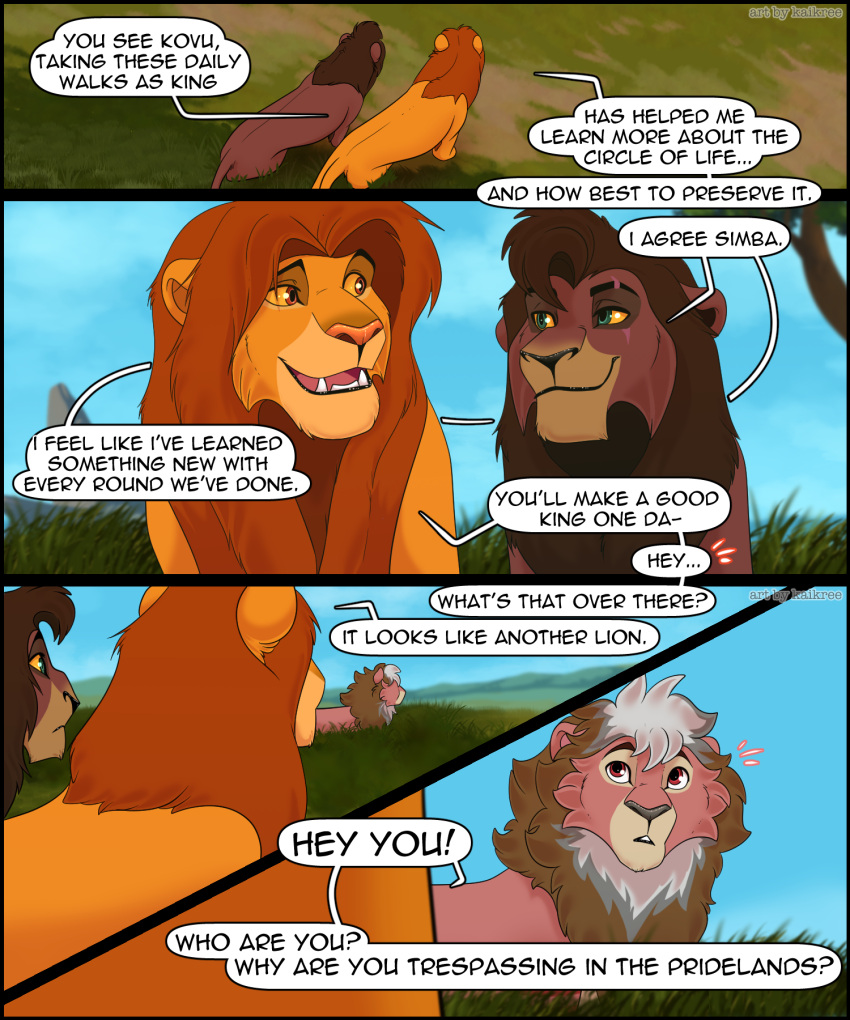 5:6 bird's-eye_view comic dialogue disney english_text facial_scar felid feline feral group hair hi_res high-angle_view kovu lalupine_(artist) lion male mammal mane mane_hair nude pantherine pride_rock pridelands rylexsilvermane scar simba text the_lion_king