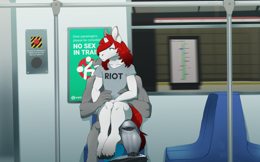 16:10 2021 absurd_res anthro anthro_on_anthro artbyyellowdog cybernetic_leg cybernetic_limb digital_media_(artwork) duo equid equine fur hair hi_res hooves horn horse inside male male/male mammal maxi_chevalier on_lap public red_hair seat shaded sitting_on_lap subway unicorn white_body white_fur widescreen