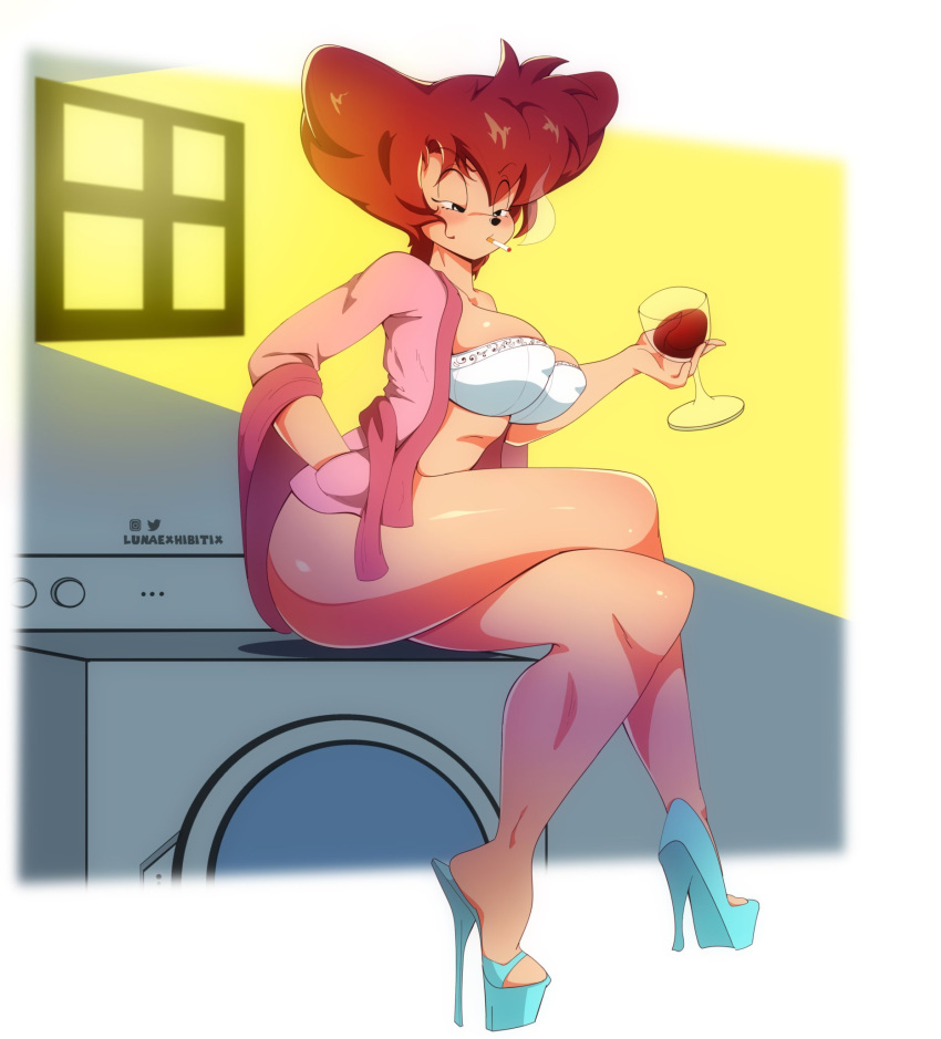 alcohol anthro beverage bottomless bra breasts cigarette clothed clothing container crossed_legs cup disney drinking_glass female glass glass_container glass_cup goof_troop hi_res lunaexhibitix mammal mature_female nipple_outline peg_pete sitting smoking solo underwear wine wine_glass