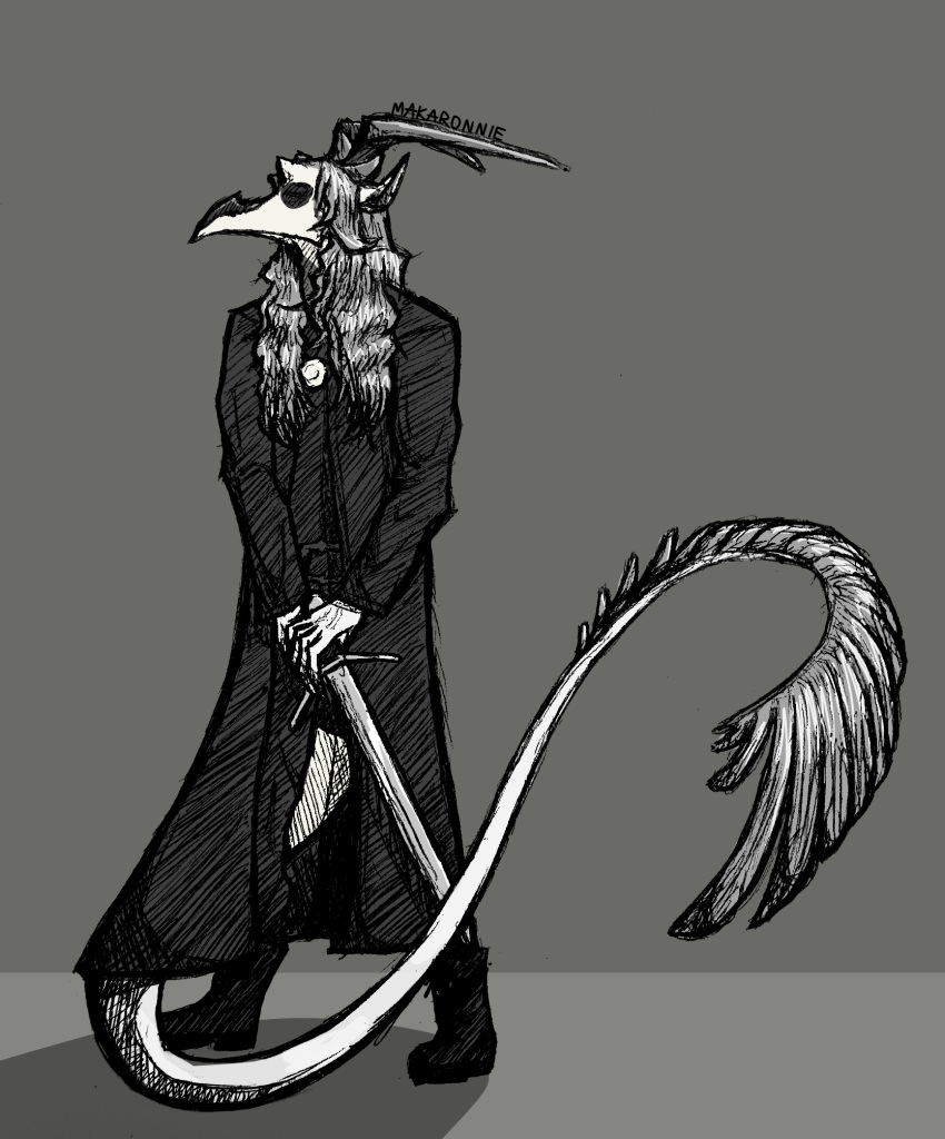 anthro beak black_and_white black_clothing boots bottomwear clothing corpse_paint crying_orc curled_hair dragon feathers footwear hair hi_res holding_object holding_sword holding_weapon horn kekht_arakh long_hair makaronnie male melee_weapon monochrome pants signature simple_background solo standing sword tail_feathers weapon