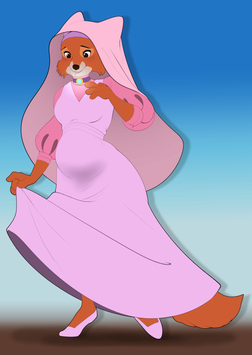 2021 4_fingers anthro belly big_belly black_nose breasts canid canine choker clothed clothing digital_media_(artwork) disney dress female fingers fox fur headdress hi_res jewelry looking_at_viewer maid_marian mammal multicolored_body multicolored_fur necklace pregnant pregnant_female pregoo red_body red_fur robin_hood_(disney) smile solo standing two_tone_body two_tone_fur white_body white_fur