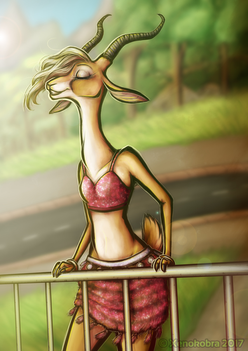 2017 antelope anthro blonde_hair bottomwear bovid bra clothed clothing detailed_background disney eyes_closed female gazelle gazelle_(zootopia) hair hi_res horn long_body long_neck mammal midriff outside railing riesahenki signature skirt solo underwear wind zootopia